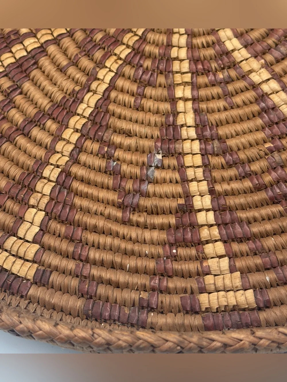 Vintage Hand Coiled Woven Basket Tray With Handles Geometric Boho Decor Brown